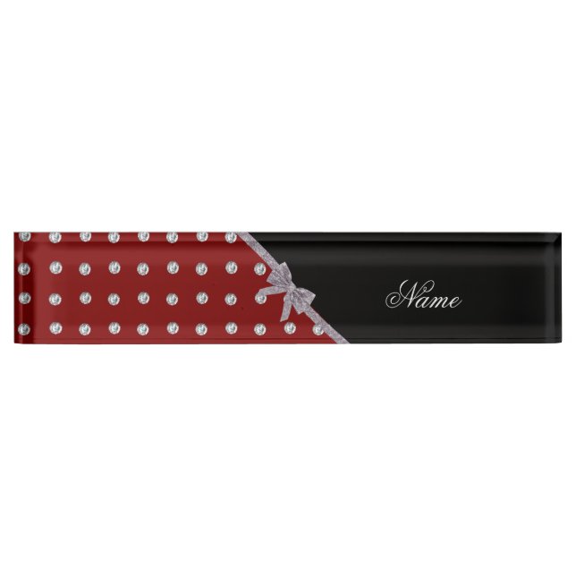 Custom name red diamonds silver glitter bow nameplate (Front)