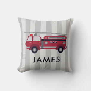 Custom Name Red Fire truck Grey Stripes Cushion