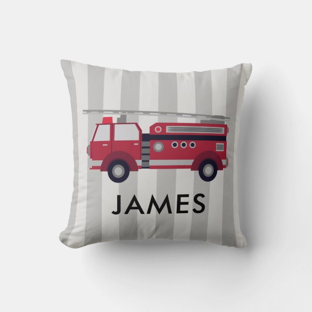 Custom Name Red Fire truck Grey Stripes Cushion (Front)