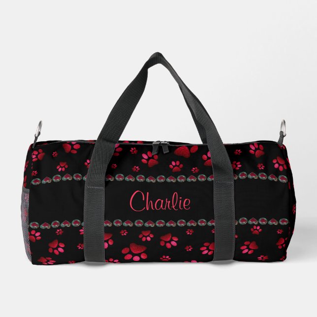 Custom name, red glitter dog paws duffle bag (Back)