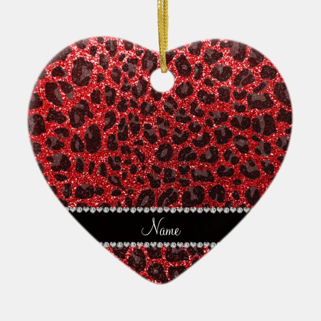 Custom name red glitter leopard spots ceramic tree decoration (Front)