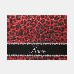 Custom name red glitter leopard spots doormat