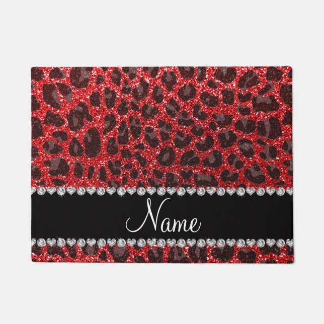 Custom name red glitter leopard spots doormat (Front)