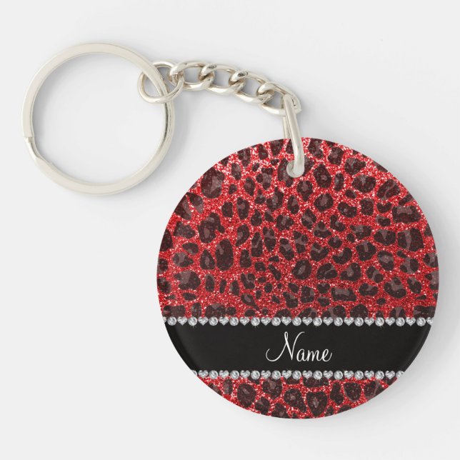 Custom name red glitter leopard spots key ring (Front)