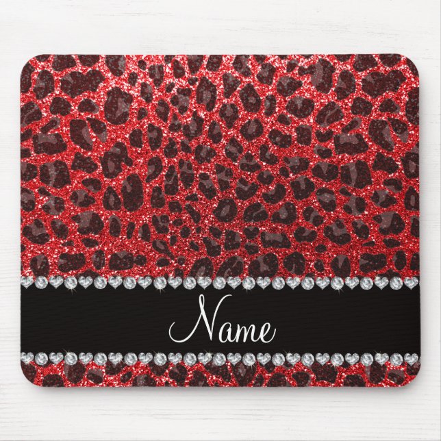 Custom name red glitter leopard spots mouse mat (Front)
