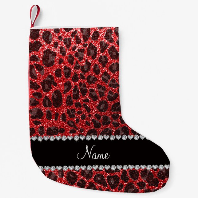 Custom name red glitter leopard spots small christmas stocking (Front)