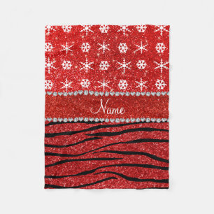 Custom name red glitter zebra snowflakes fleece blanket
