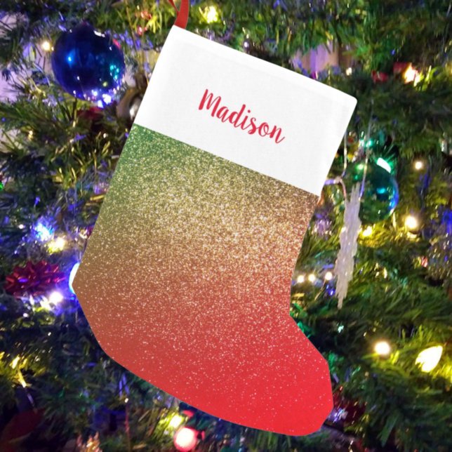 Custom Name Red Green Gold Glitter Small Christmas Stocking (Creator Uploaded)