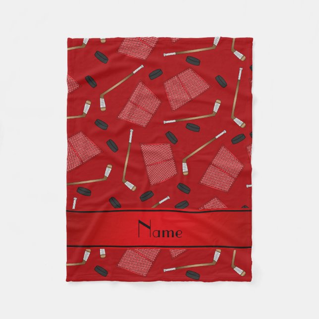 Custom name red hockey sticks pucks nets fleece blanket (Front)