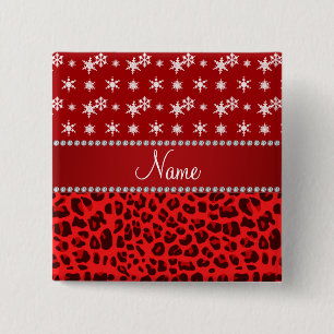 Custom name red leopard red snowflakes red stripe 15 cm square badge