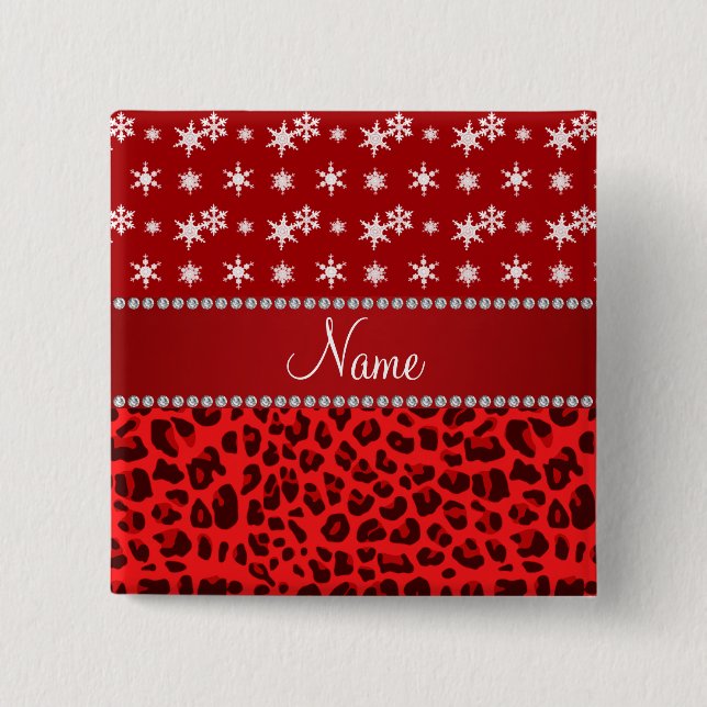 Custom name red leopard red snowflakes red stripe 15 cm square badge (Front)