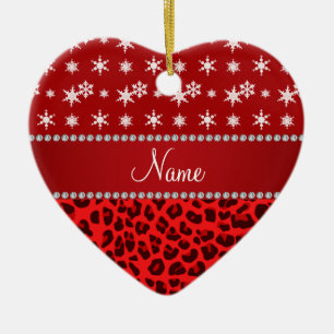 Custom name red leopard red snowflakes red stripe ceramic tree decoration