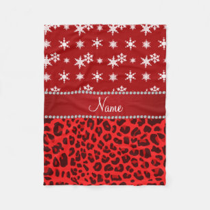 Custom name red leopard red snowflakes red stripe fleece blanket