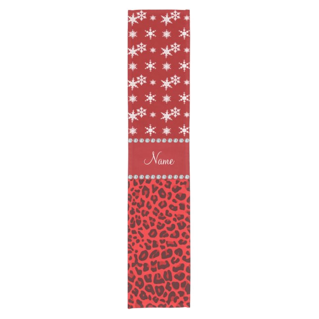 Custom name red leopard red snowflakes red stripe short table runner (Front)