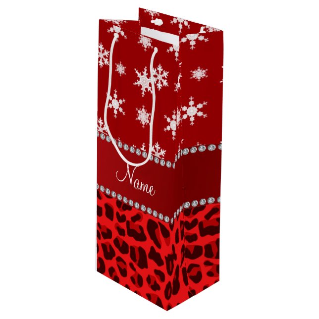 Custom name red leopard red snowflakes red stripe wine gift bag (Front Angled)
