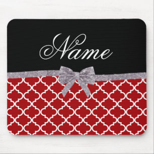 Custom name red moroccan pattern silver bow mouse mat