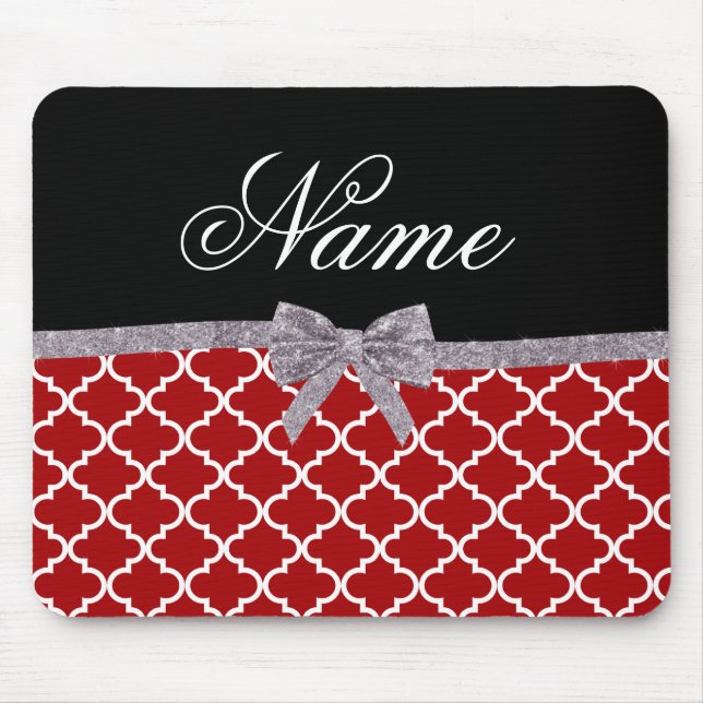 Custom name red moroccan pattern silver bow mouse mat (Front)