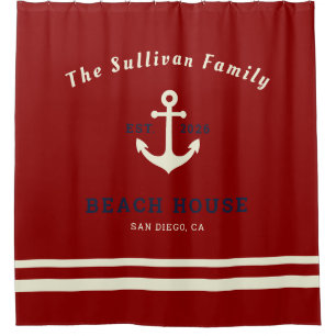 Custom Name Red Nautical Anchor Beach House Shower Curtain