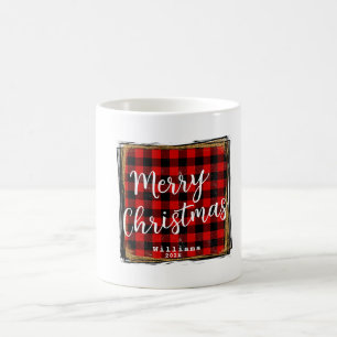 Custom Name Red Plaid Merry Christmas Coffee Mug