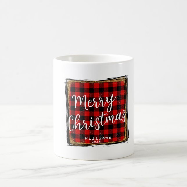 Custom Name Red Plaid Merry Christmas Coffee Mug (Center)