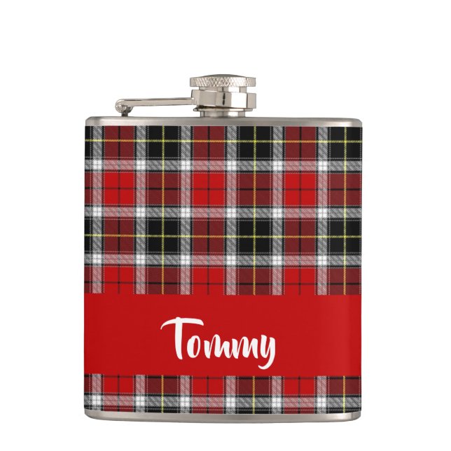 Custom name red plaid pattern hip flask (Front)