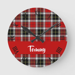 Custom name red plaid pattern round clock