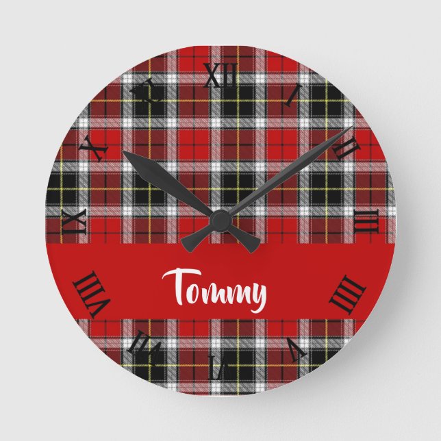 Custom name red plaid pattern round clock (Front)