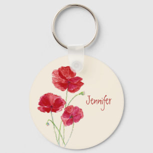 Custom Name  Red Poppies Watercolor Flowers Key Ring