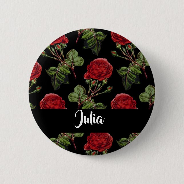 Custom name red roses 6 cm round badge (Front)