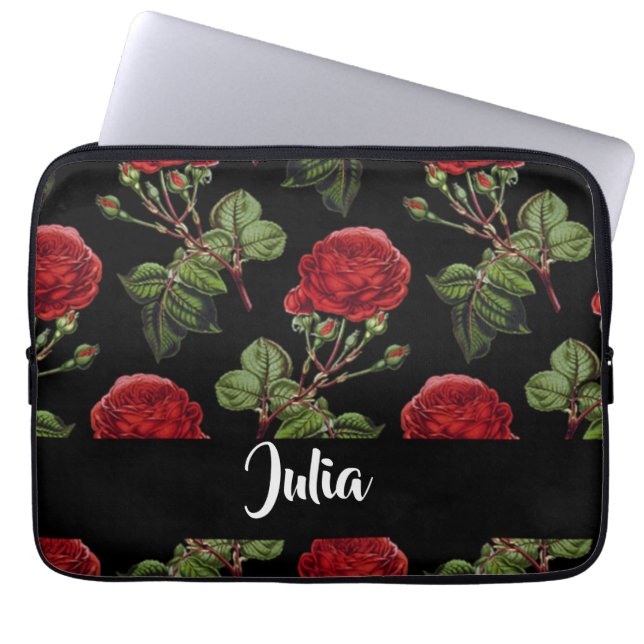 Custom name red roses laptop sleeve (Front)