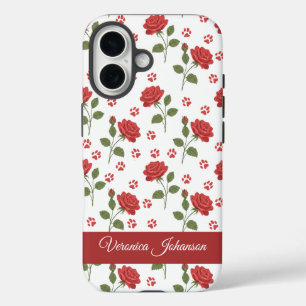 Custom Name Red Roses & Paw Print Floral  iPhone 16 Case