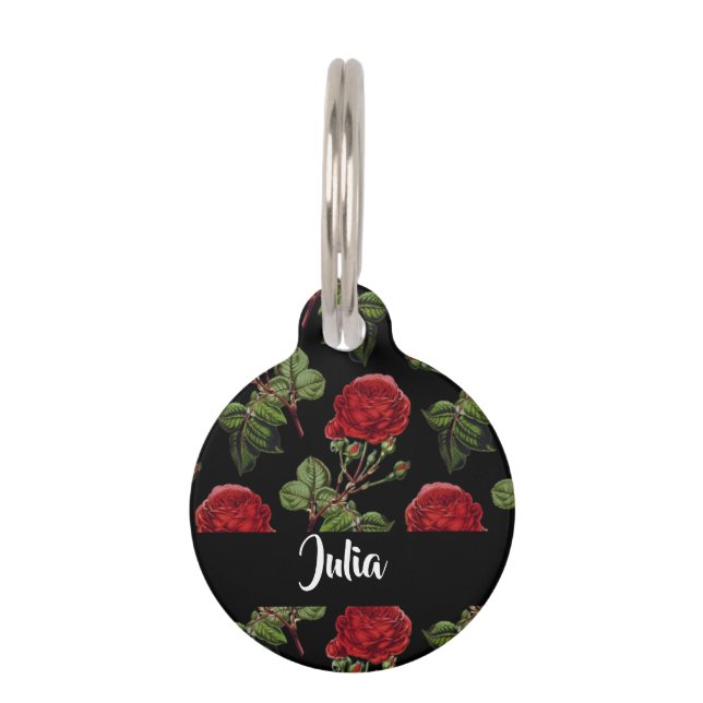 Custom name red roses pet tag (Front)