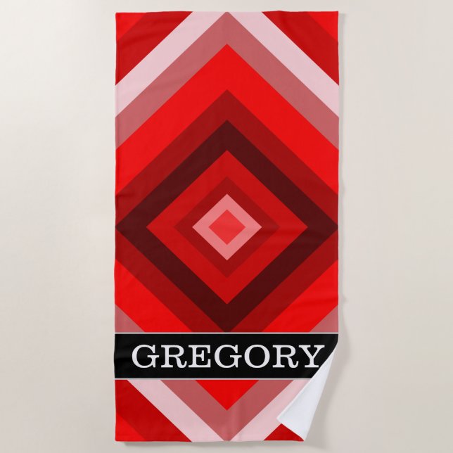 Custom Name + Red Shaded Squares Pattern Beach Towel (Front)