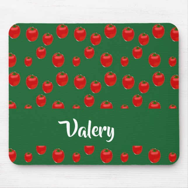 Custom name red tomatoes on green mouse mat (Front)