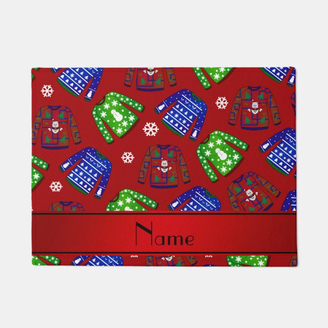 Custom name red ugly christmas sweater pattern doormat (Front)