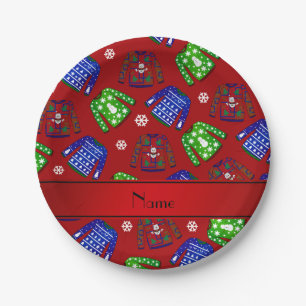 Custom name red ugly christmas sweater pattern paper plate