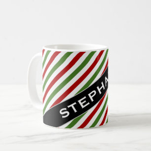 Custom Name + Red, White & Green Striped Pattern Coffee Mug