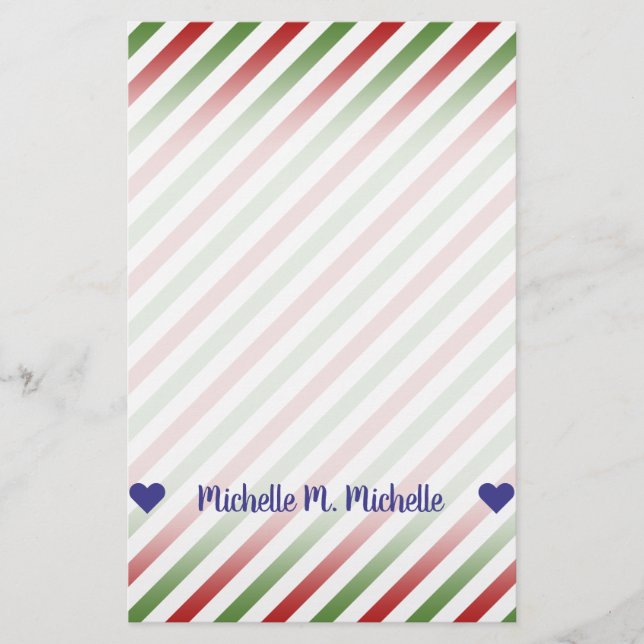 Custom Name; Red, White & Green Striped Pattern Stationery (Front)