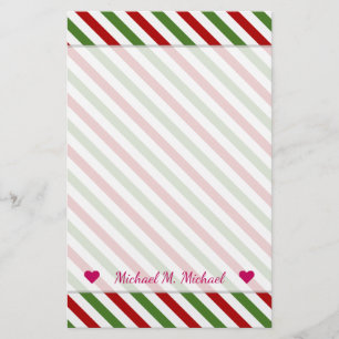Custom Name + Red, White & Green Striped Pattern Stationery