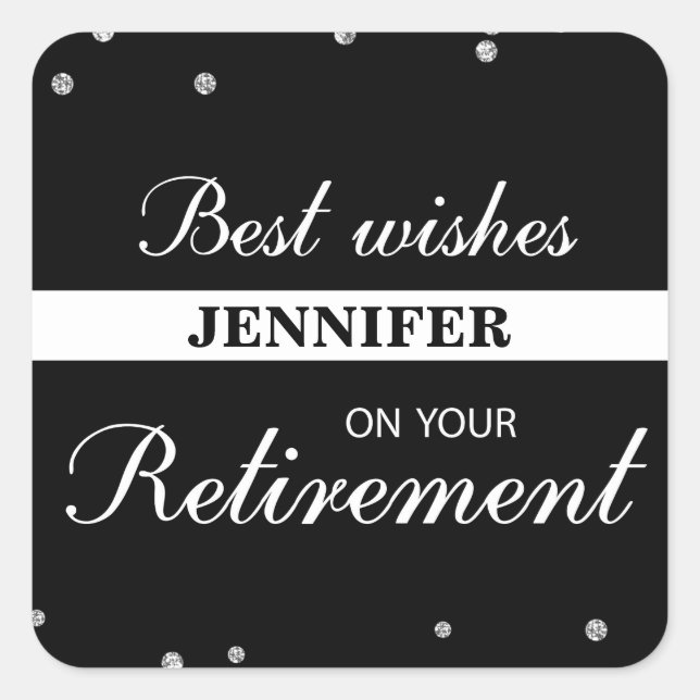Custom Name, Retirement Congratulations Black Square Sticker (Front)