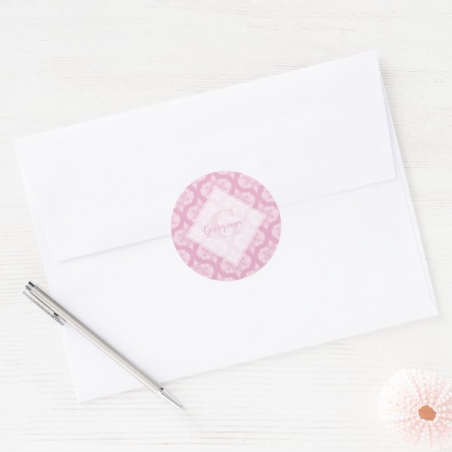 Custom Name Retro 1970s Preppy In Pink Mandala Classic Round Sticker (Envelope)
