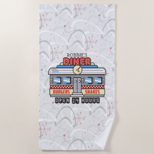 Custom NAME Retro 50s Diner Sign Fifties Atomic Beach Towel