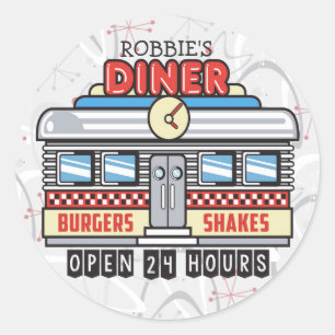 Custom NAME Retro 50s Diner Sign Fifties Atomic Classic Round Sticker