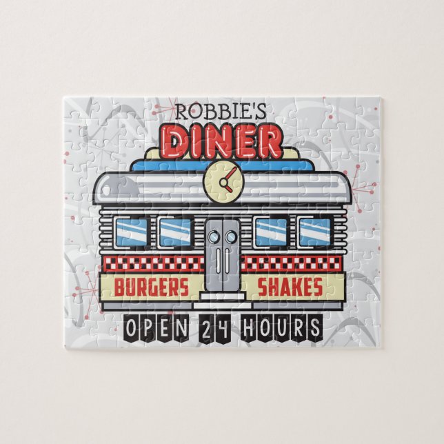 Custom NAME Retro 50s Diner Sign Fifties Atomic Jigsaw Puzzle (Horizontal)