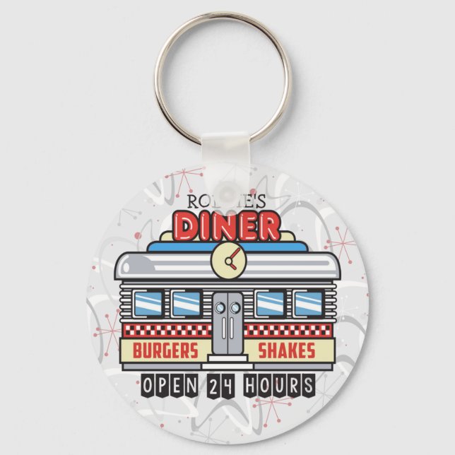 Custom NAME Retro 50s Diner Sign Fifties Atomic Key Ring (Front)