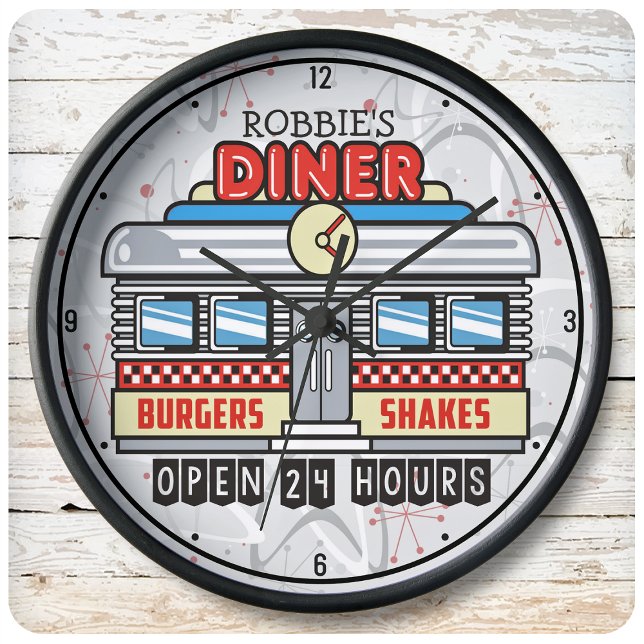 Custom NAME Retro 50s Diner Sign Fifties Atomic Large Clock (Creator Uploaded)