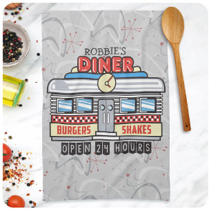 Custom NAME Retro 50s Diner Sign Fifties Atomic Tea Towel