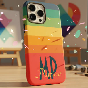 Custom Name Retro 70s Navy Pink & Mint Stripes iPhone 16 Pro Max Case