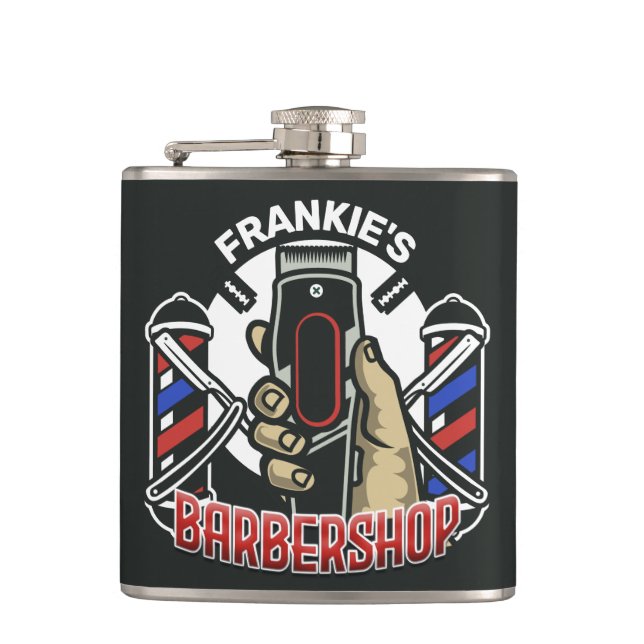 Custom NAME Retro Barber Shop Pole Barbershop Hip Flask (Front)
