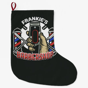 Custom NAME Retro Barber Shop Pole Barbershop Large Christmas Stocking